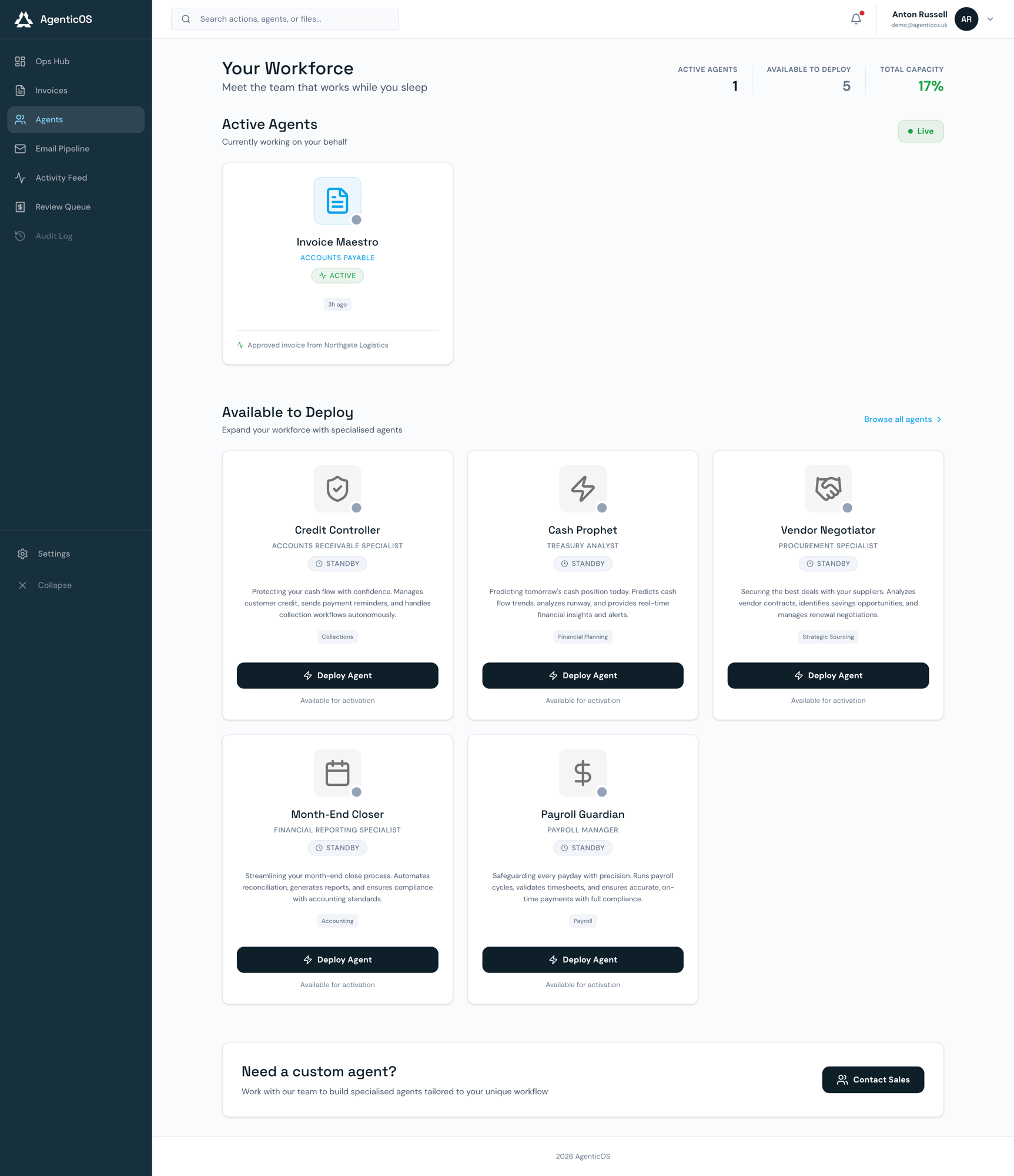 AgenticOS finance agent workforce: Invoice Maestro active for accounts payable, with Credit Controller, Cash Prophet, Vendor Negotiator, Month-End Closer and Payroll Guardian available to deploy.