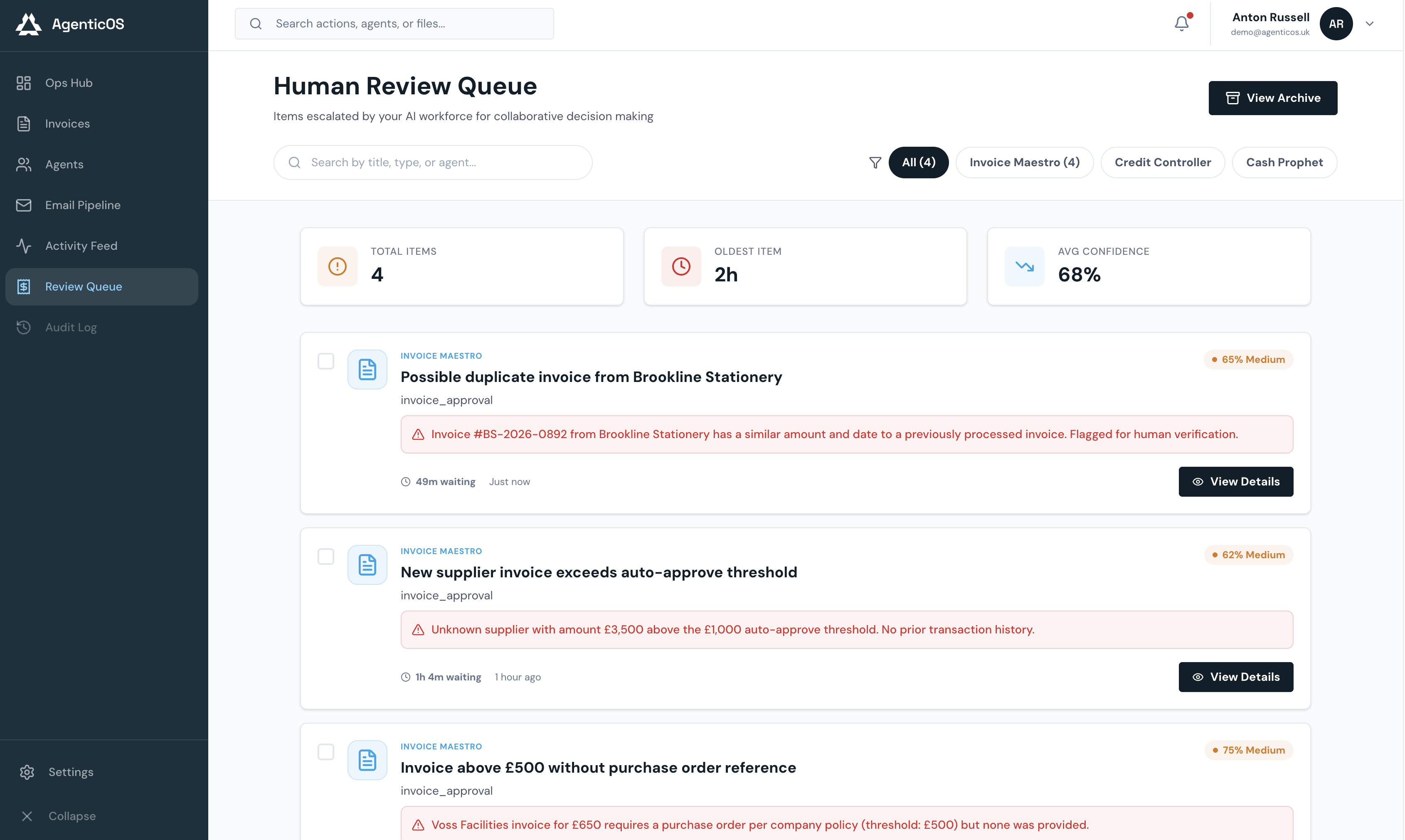 AgenticOS human review queue showing invoices escalated for approval, each with a plain-English reason such as possible duplicate or missing purchase order reference.