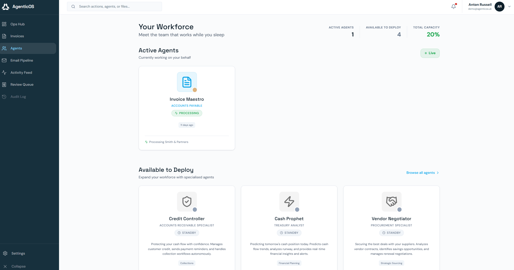 The AgenticOS workforce view showing finance agents including Invoice Maestro, Credit Controller and Cash Prophet.