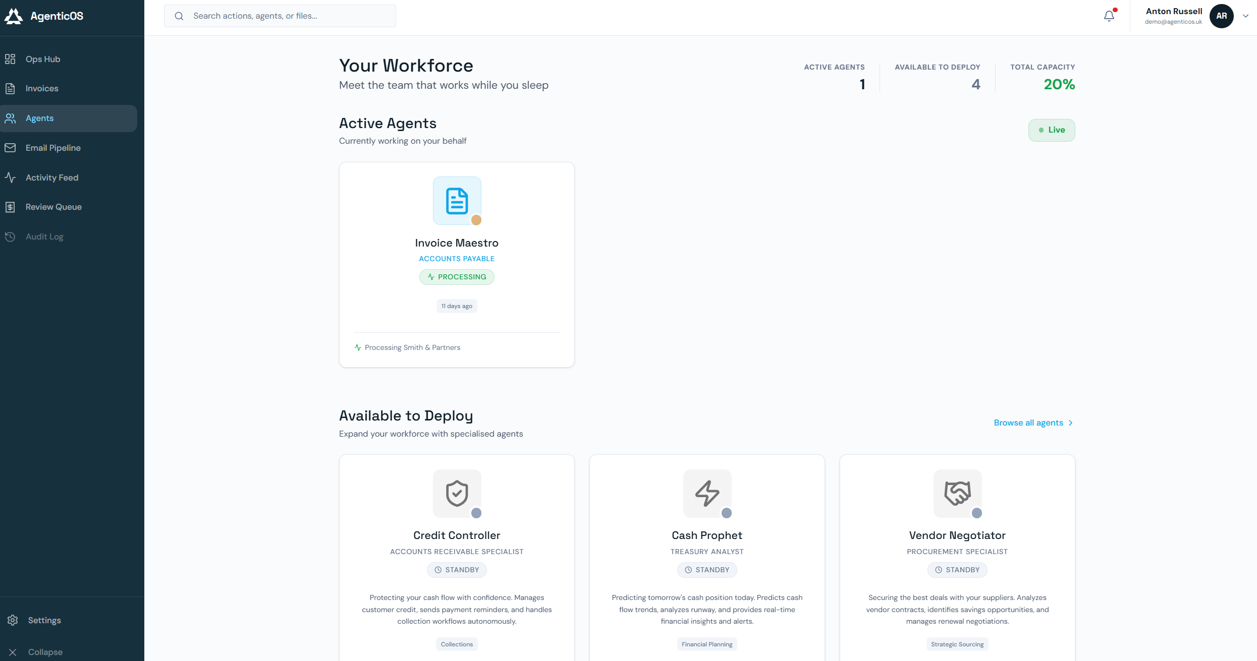 The AgenticOS workforce view showing finance agents including Invoice Maestro, Credit Controller and Cash Prophet.