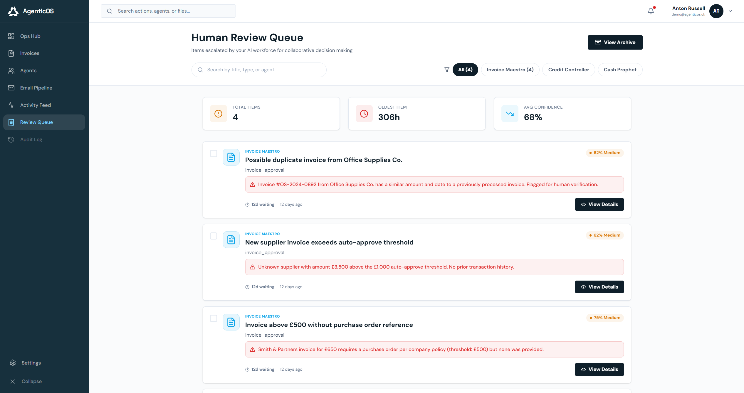 AgenticOS review queue showing an invoice escalated for human checking, with the agent's reasoning and audit record.